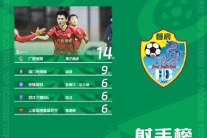 中乙射手榜：費(fèi)爾南多14球居首 陳龍6球躋身前五