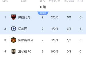 世俱杯D組積分榜：弗拉門戈提前出線！切爾西vs突尼斯?fàn)幊鼍€名額