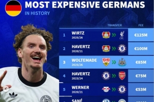 沃爾特馬德是德國歷史轉(zhuǎn)會費(fèi)超5千萬歐的第5人，維爾茨1.25億最貴