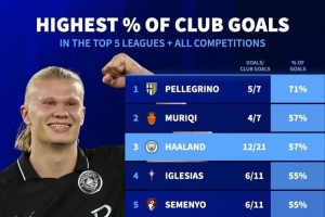 哈蘭德進(jìn)球占比全隊(duì)57%五大聯(lián)賽第二高，姆巴佩54%、凱恩47%