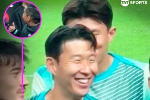 可愛??對陣巴拉圭合影環(huán)節(jié)，孫興慜與SONNY發(fā)型的小球迷打招呼