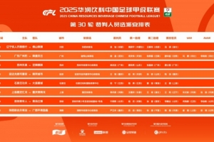 中甲第30輪裁判安排：廣東廣州豹vs南通支云等4場(chǎng)安排有VAR