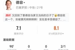 兩黃被罰下！德容本場1關(guān)鍵傳球+3長傳 9對抗6成功+3造犯規(guī)2搶斷