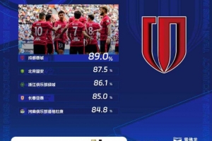 中超第30輪傳球成功率榜：蓉城89%居首，國安、浙江列二三位