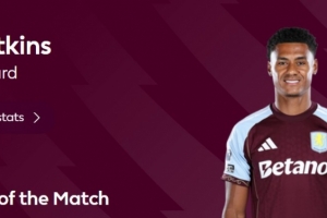 梅開二度助球隊逆轉(zhuǎn)，官方：沃特金斯當(dāng)選維拉4-3布萊頓最佳球員