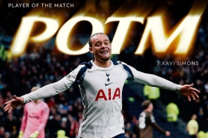 熱刺生涯首球+助攻，哈維·西蒙斯當(dāng)選熱刺2-0布倫特福德隊(duì)內(nèi)最佳