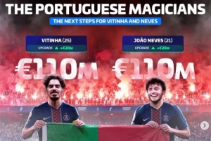 葡萄牙中場雙核！25歲維蒂尼亞、21歲若昂·內(nèi)維斯均達(dá)1.1億歐